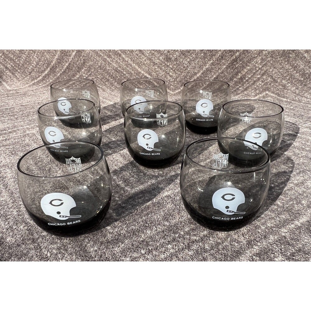 Chicago Bears 1970's NFL Smokey Glass 10 oz Tumblers Roly Poly Set of 8 Vintage
